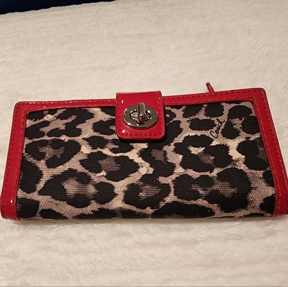 Coach red leather and leopard canvas print wallet